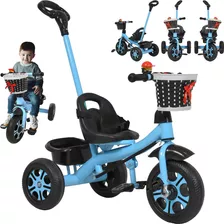 Triciclo Infantil Niños 2 En 1 Barra Empuje Cajuela Canasta Color Azul