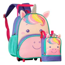 Kit Mochila De Rodinha Infantil Menina Unicornio Creche Pets