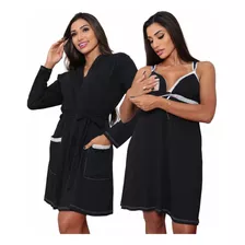 Kit Camisola Gestante De Fecho E Robe De Algodão Manga Longa