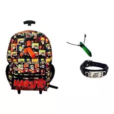 Kit Mochila Rodinhas Escolar Naruto + Pulseira + Colar