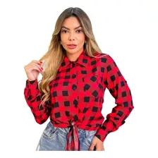 Camisa Xadrez Blusa Camisete Feminino Manga Longa Com Bolso