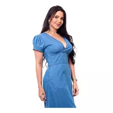 Vestido Jeans Midi Com Manga Moda Evangélica Premium S4067