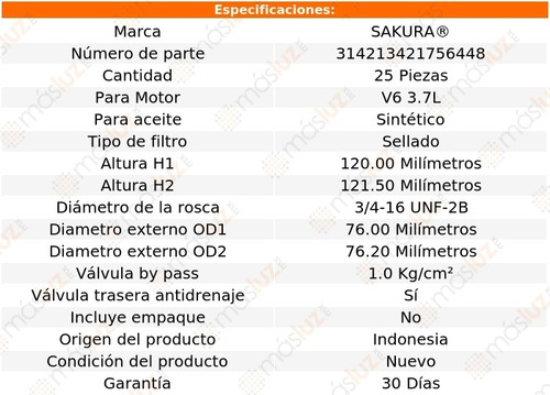 Paquete 25 Filtros Aceite Mazda Cx-9 3.7l 6 Cil 08/15 Foto 2