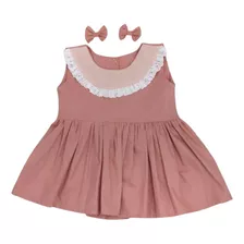 Vestido Rose Detalhe Em Renda Bebe E Criança 100% Algodão