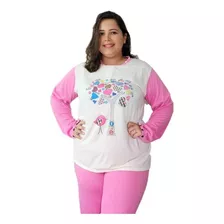 Pijama Conjunto Malha Longo Plus Size Frio Inverno 50 52 54