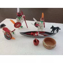 Muñecos Playmobil: 3 Indios Con Canoa, Perro Y Accesorios