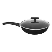 Frigideira Grande Paella Wok Teflon 30 Cm Com Tampa Vidro