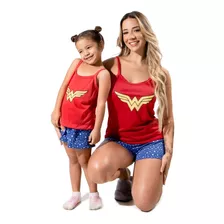 Kit Pijama Mãe E Filha Mulher Maravilha Baby Doll Verão