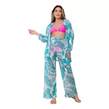 Conjunto Tule Kimono E Calça Pantalona Saída De Praia Verão
