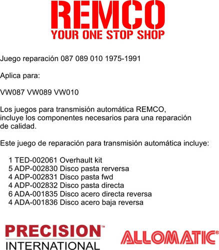 Kit Reparacion Transmision Aut Vw 010 Scirocco 1975-89 1.7l Foto 2