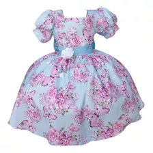 Vestido Infantil Azul Bebê Jardim Das Borboletas C/ Broche