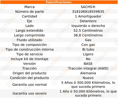 1- Amortiguador Gas Delantero Izq/der S5 V6 3.0l 12/15 Sachs Foto 2