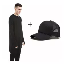 Camiseta Super Oversized Longline Swag + Trucker Preto Liso