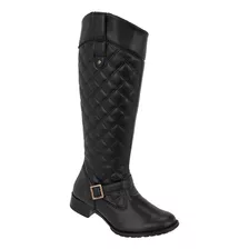 Bota Montaria Feminina Bordado Lateral Cano Alto Preto