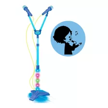 Microfone Duplo Infantil Pedestal Azul Ou Rosa Rock Som Luz