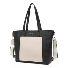 Cartera Trendy Mujer Tote Bolso Grande 21924 Acabado De Los Herrajes Níquel Color Negro/hueso Correa De Hombro Negro Diseño De La Tela Lisa