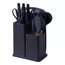 Kit Conjunto Utensílios Silicone Facas Tabua De Cortar 19pç Cor Preto