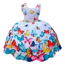 Vestido Infantil Branco Borboletas Floral E Strass No Peito