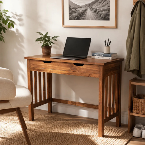 Escrivaninha Gradeada Vintage Madeira Home Office C\ Gaveta Imbuia