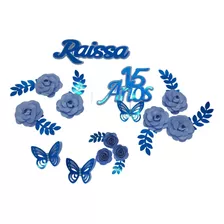 Topo De Bolo 15 Anos Flores Pétalas Azul Personalizado