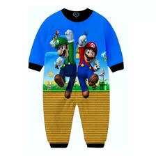 Macacão Pijama Super Mario Bros Infantil Criança Moletom Az