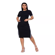 Vestido Feminino Longete Com Fenda Lateral Elegante 