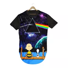 Camiseta Longline Snoopy Pink Floyd Camisa Full Print