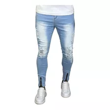 Calça Masculina Super Skinny Com Ziper Na Perna Jeans Lycra