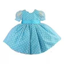 Vestido Infantil Azul Com Tule E Bolinhas Batizado