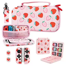 Estuche Para Nintendo Switch Oled Color Fresas 2 Fundas 7pzs