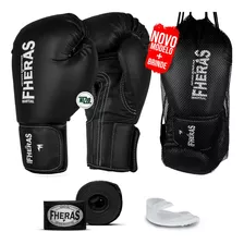 Kit Luva De Boxe Muay Thai Mma Bandagem E Bucal 10oz Preto