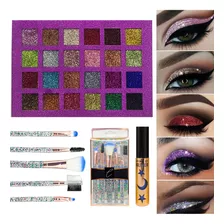 Set De Maquillajes Con Glitter Sombras Pinceles Delineador