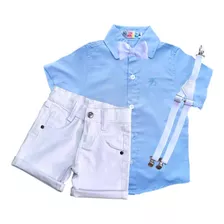 Roupa Social Infantil Menino Camisa Bermuda Kit Suspensório