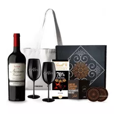 Box Vino Nicasia Copas Negras Grabadas Chocolates Kit Set