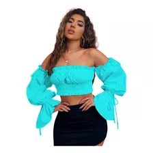 Blusa Crop Top Campesina De Volantes En La Manga Para Dama