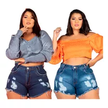 Kit 2 Shorts Jeans Plus Size Hot Pants Cintura Alta Rasgado