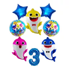 Globos Baby Shark Por 5 Piezas + Numero Metalizado