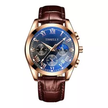 Relógio Masculino Social Dourado De Luxo Pulseira Em Couro Cor Da Correia Marrom Cor Do Fundo Azul-escuro