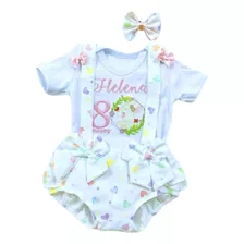 Roupa Jardineira Romper Fazendinha Coelhinha Menina + Tiara