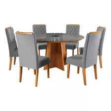 Mesa De Jantar 6 Lugares Virginia Com Vidro Mel/veludo Tampa Cinza Pés Marrom