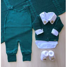 Saida Maternidade De Menino Tricot 5 Peças Verde Completa