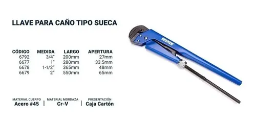 Llave Stilson Bremen Para Caño 1 1/2 Abre 38mm Cod. 6678 Dgm