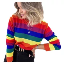 Blusa Feminina Tricot Tricô Colorida Listrada Arco Iris Long