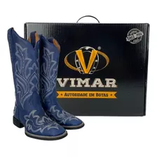 Bota Azul Texana 100% Couro Com Rebite Vimar Para Mulher