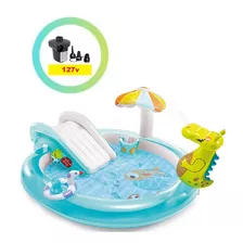 Piscina Playground Inflável Jacaré Esguicho + Bomba Elétrica Cor Azul - 110v