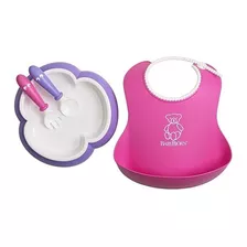 Baby Feeding Set - Babero Rosa Suave, Plato Morado, Cuchara.