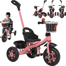 Triciclo Infantil Niños 2 En 1 Barra Empuje Cajuela Canasta Color Rosa