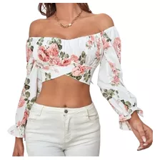 Blusa Floreada Corta Manga Larga, Talla L, Shein.