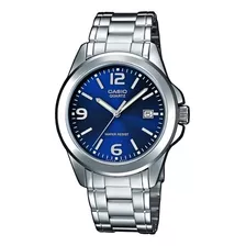 Reloj Pulsera Casio Enticer Mtp-1215 De Cuerpo Color Plateado, Analógica, Para Hombre, Fondo Azul, Con Correa De Acero Inoxidable Color Plateado, Agujas Color Gris Y Verde, Dial Gris Y Verde, Minutero