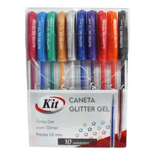 Jogo Caneta Gel Glitter 1.0 Mm Com 10 Cores Kit Tinta Colorida Exterior Transparente
